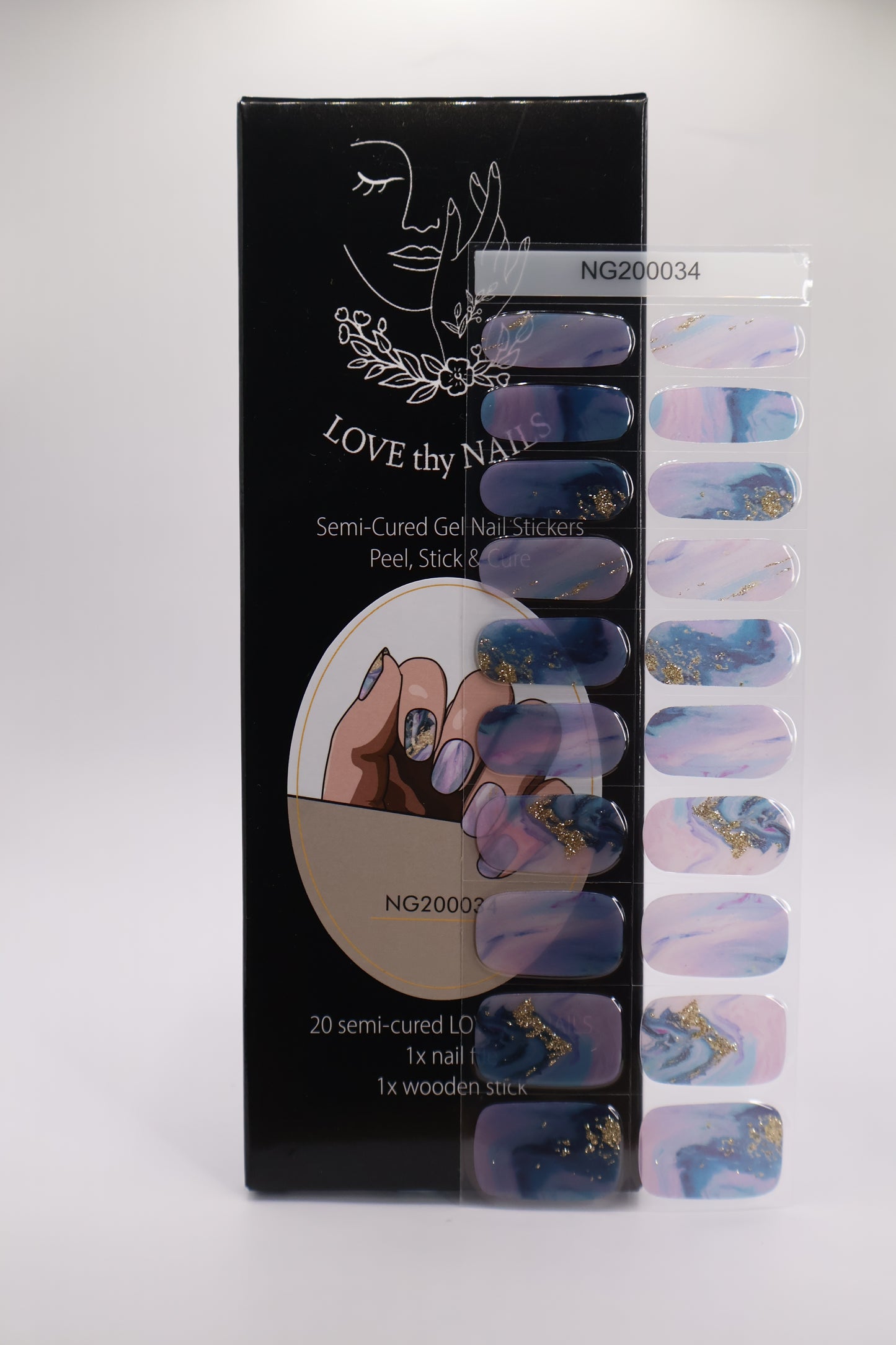 Lavender Dream gel nail kit with packaging and lavender nail strips in flat lay