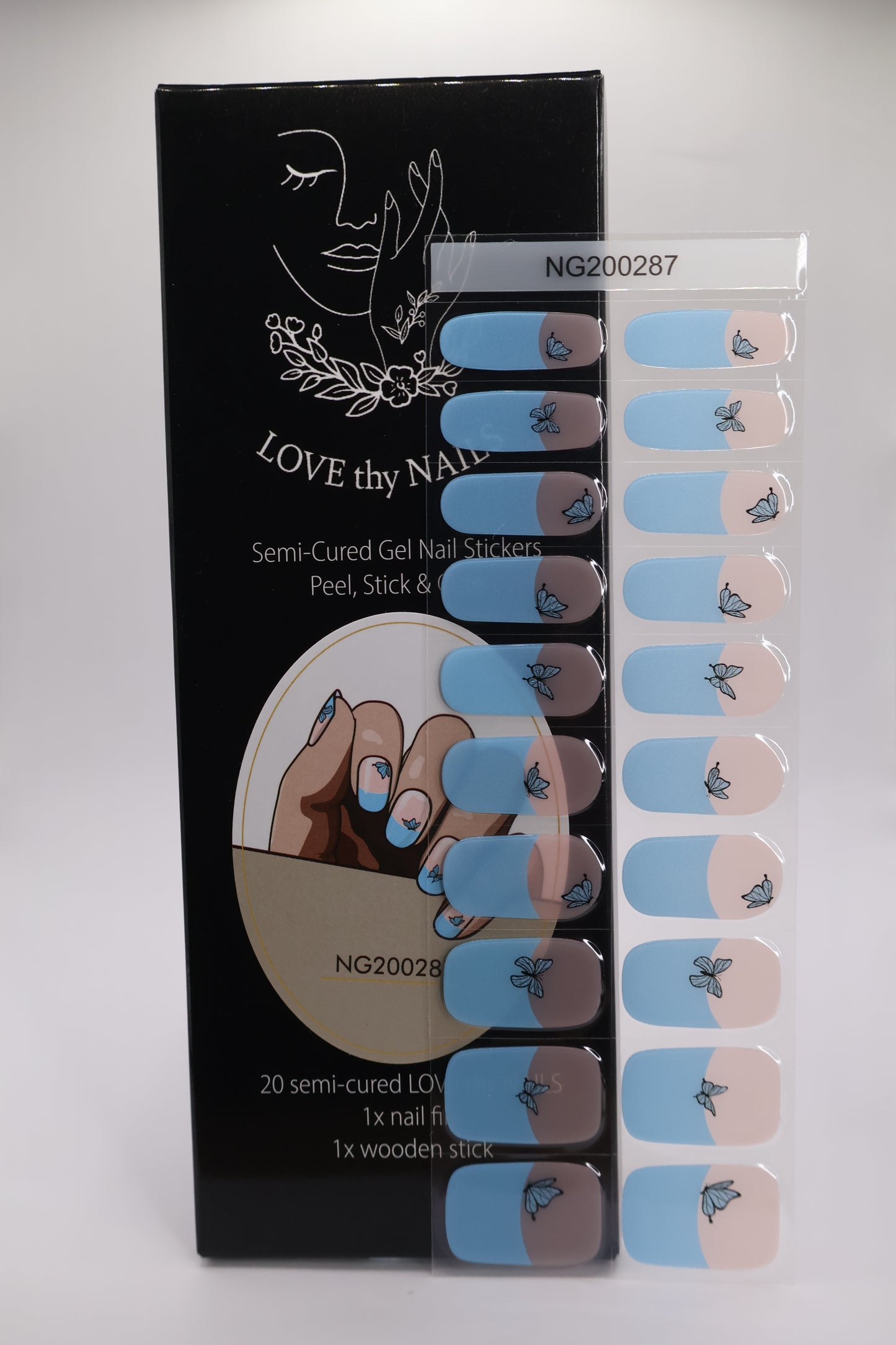 Butterfly Kisses gel nail kit with packaging and nail strips in flat lay