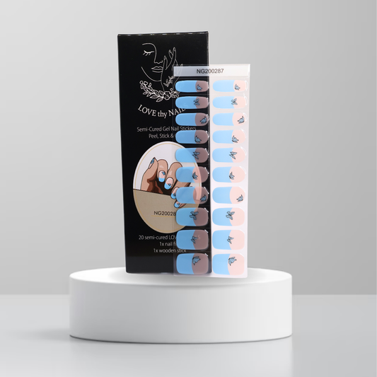 Butterfly Kisses gel nail stickers with delicate butterfly design and Love Thy Nails packaging