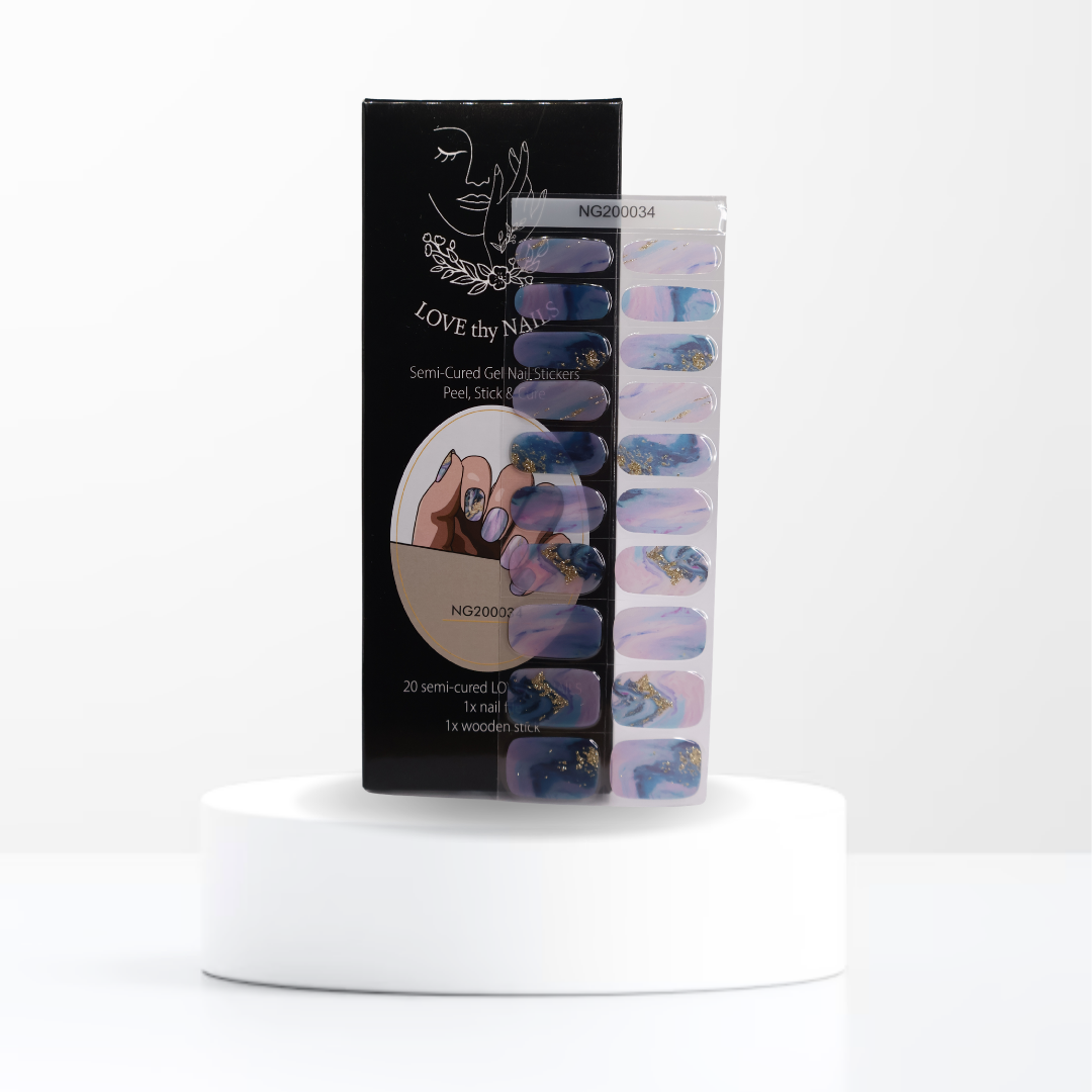Lavender Dream semi-cured gel nail stickers in soft lavender with Love Thy Nails packaging