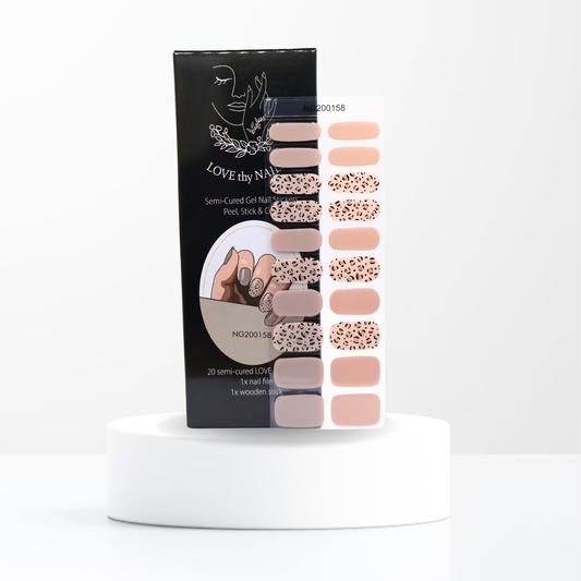 Leopard Luxe gel nail stickers with glossy leopard print and Love Thy Nails packaging