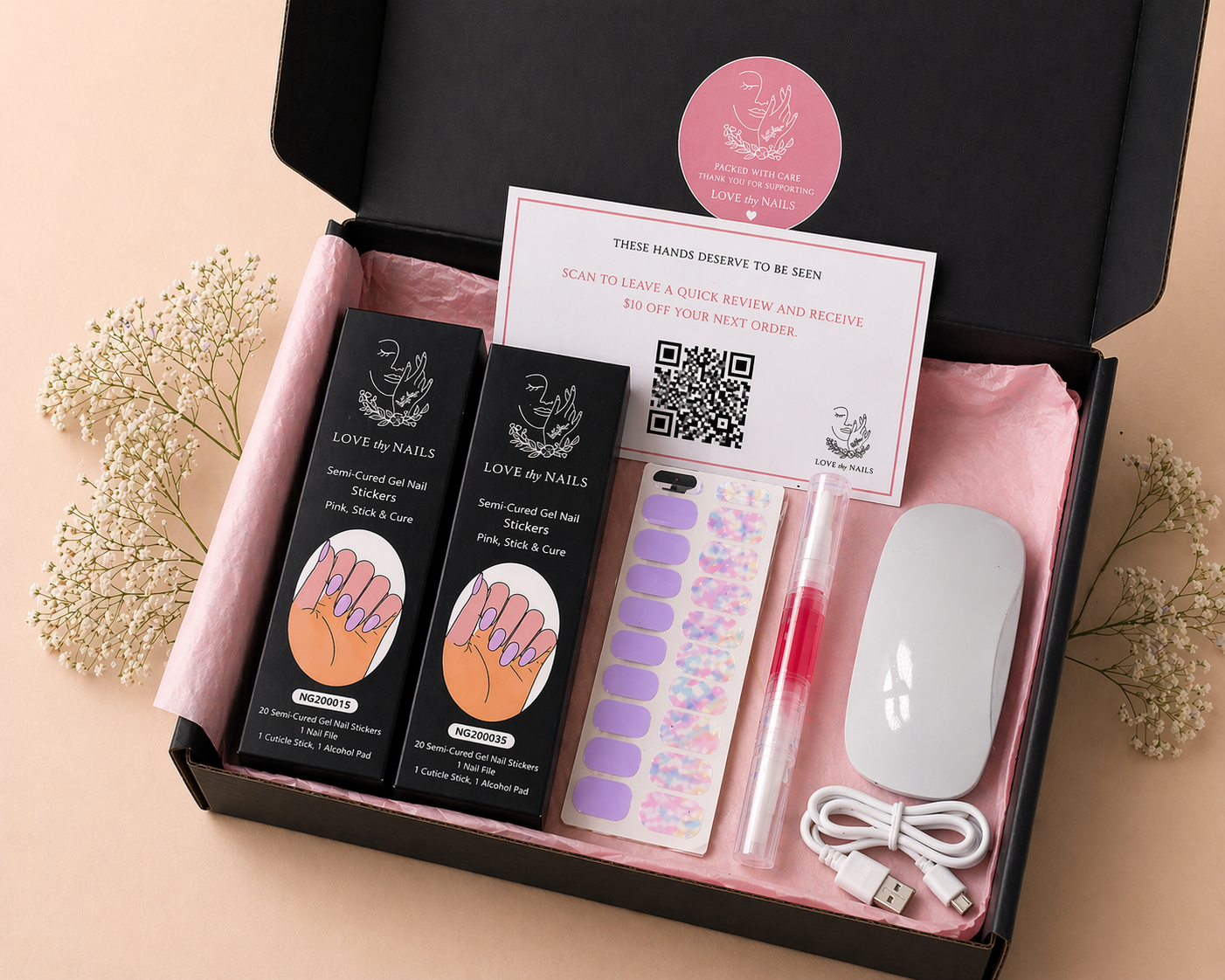 starter kit with semi cured gel nail strips and UV lamp for easy at home manicure