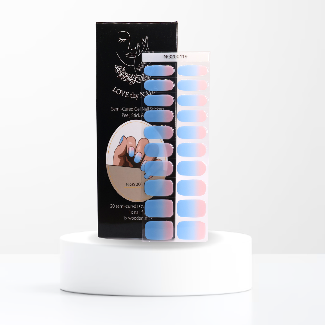 Ocean Mist semi-cured gel nail stickers in soft seafoam blue with Love Thy Nails packaging