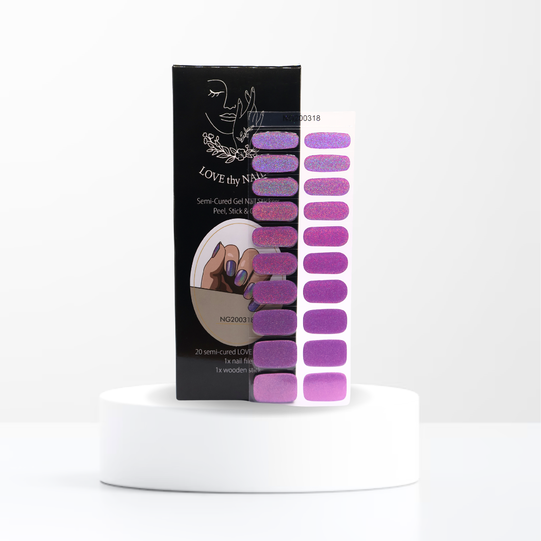 So Chic purple glitter gel nail stickers with Love Thy Nails packaging
