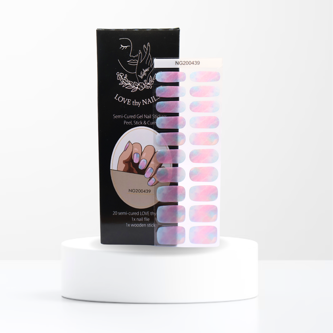 Spring Fling floral gel nail stickers with pink and blue tones and Love Thy Nails packaging