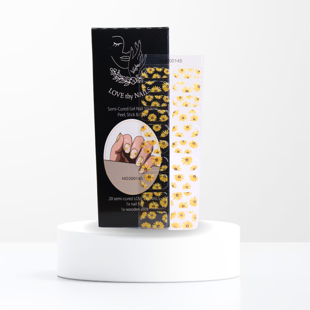 Sunkissed & Sweet semi-cured gel nail stickers with sunflower design and Love Thy Nails packaging