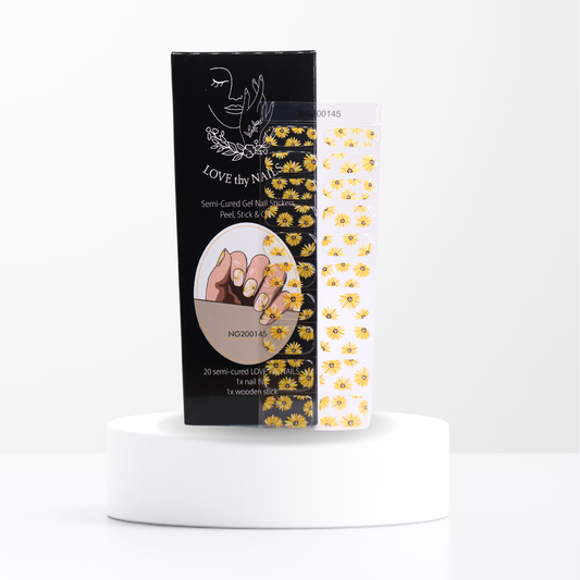 Sunkissed & Sweet semi-cured gel nail stickers with sunflower design and Love Thy Nails packaging