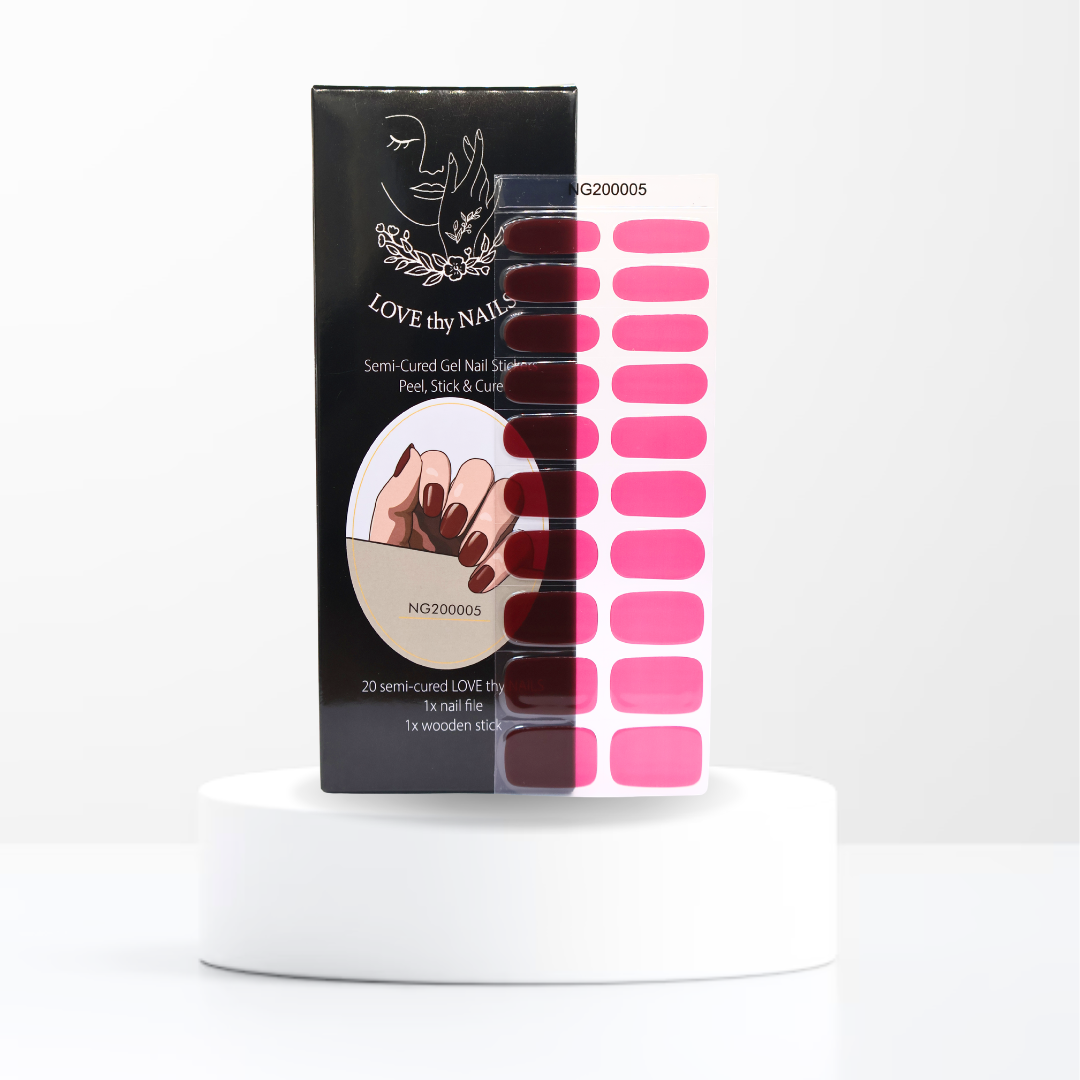 Velvet Bliss semi-cured gel nail stickers in deep red with Love Thy Nails packaging