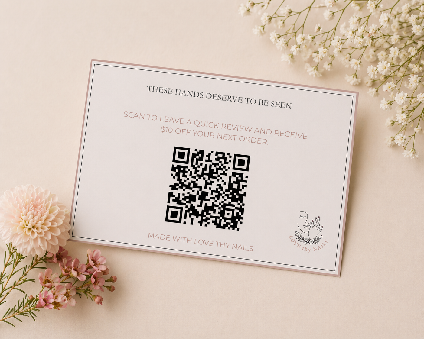 Love Thy Nails review card with QR code offering $10 off next order